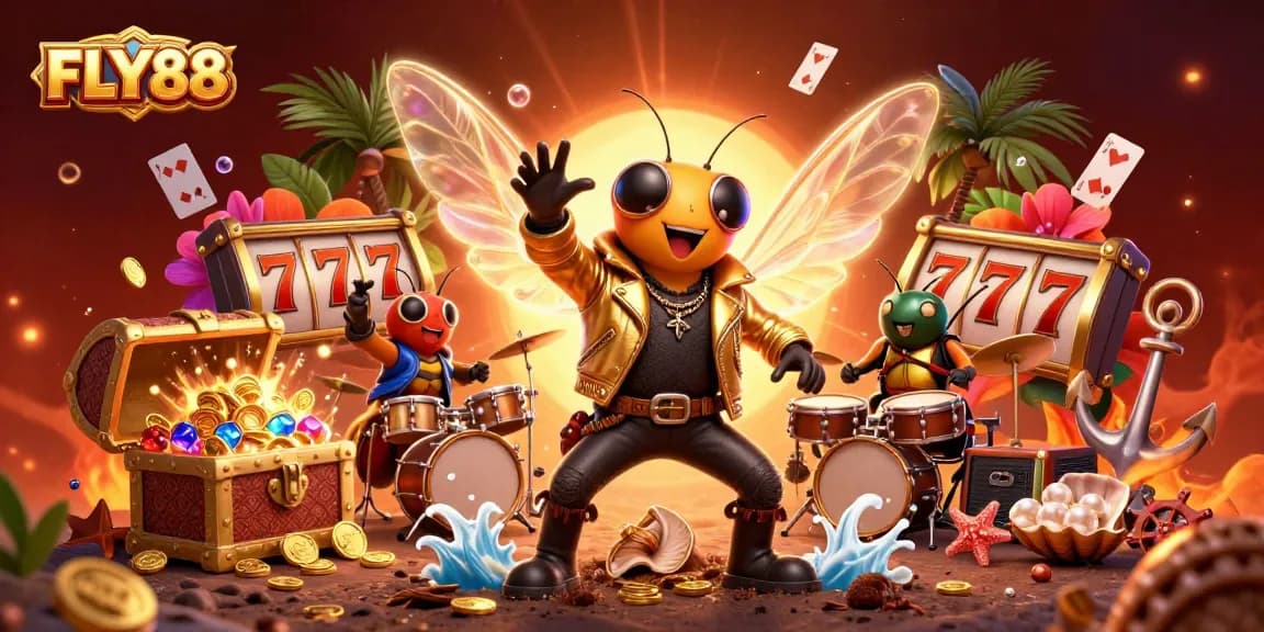 Engage with FLY88's vibrant online casino scene featuring a rock star cicada and dynamic game elements.
