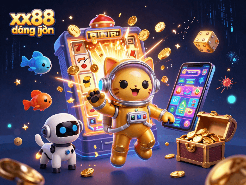 Experience thrilling action with xx88 đăng nhập as a golden astronaut cat and robot dog celebrate a cosmic jackpot!