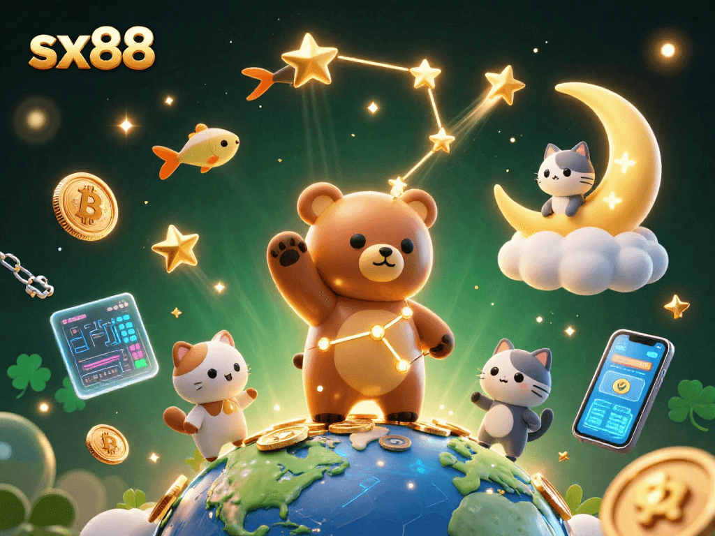 Spin into winnings at sx88 with the cosmic constellation bear, surrounded by dazzling casino elements.