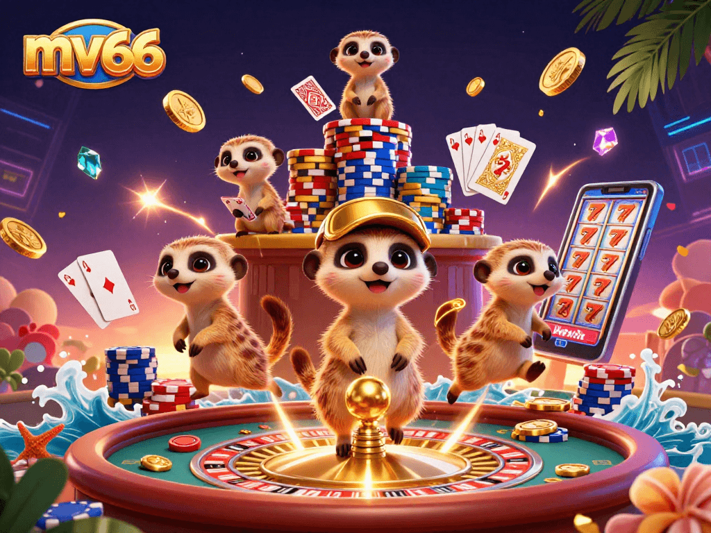 Experience thrilling gaming dynamics with mv66 and adorable meerkats in a vibrant casino scene.