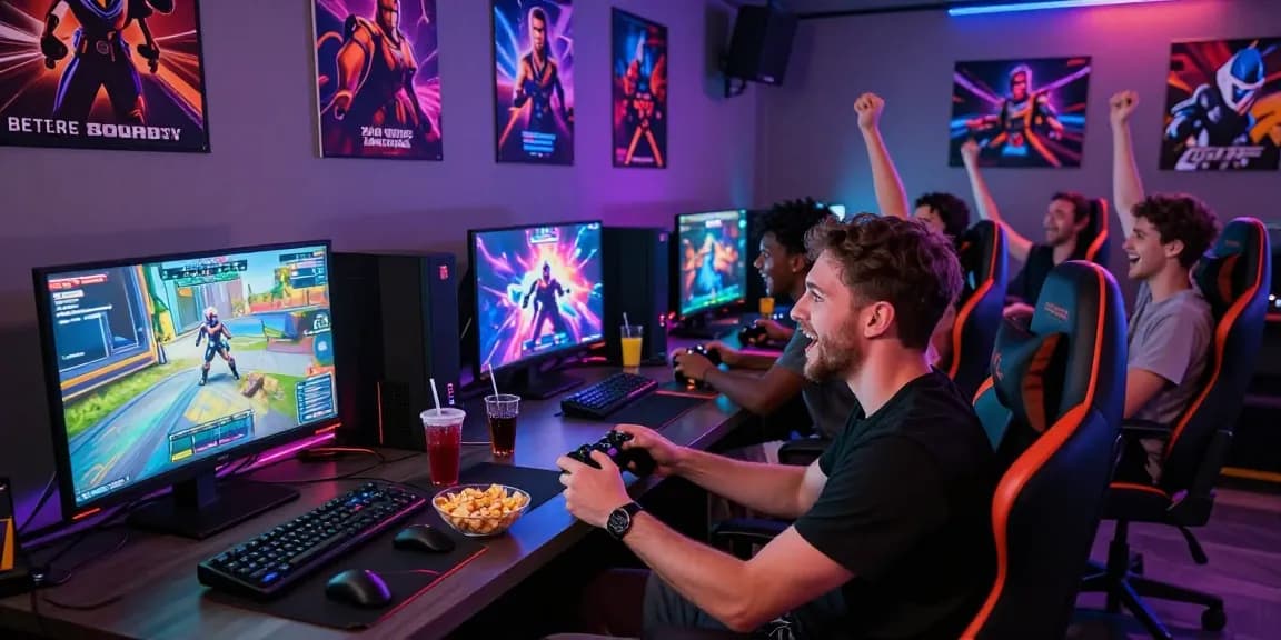 Friends enjoying an exciting night playing xxx games in a vibrant gaming lounge.