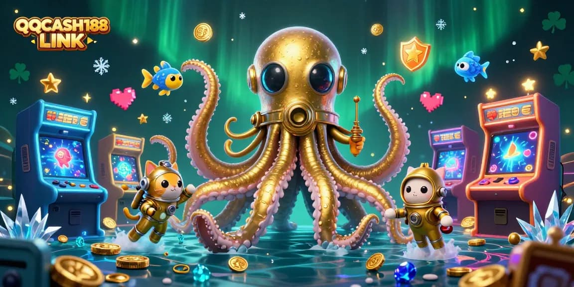 Experience QQCASH188 LINK with an exciting 3D casino adventure featuring a kraken and a diving cat.