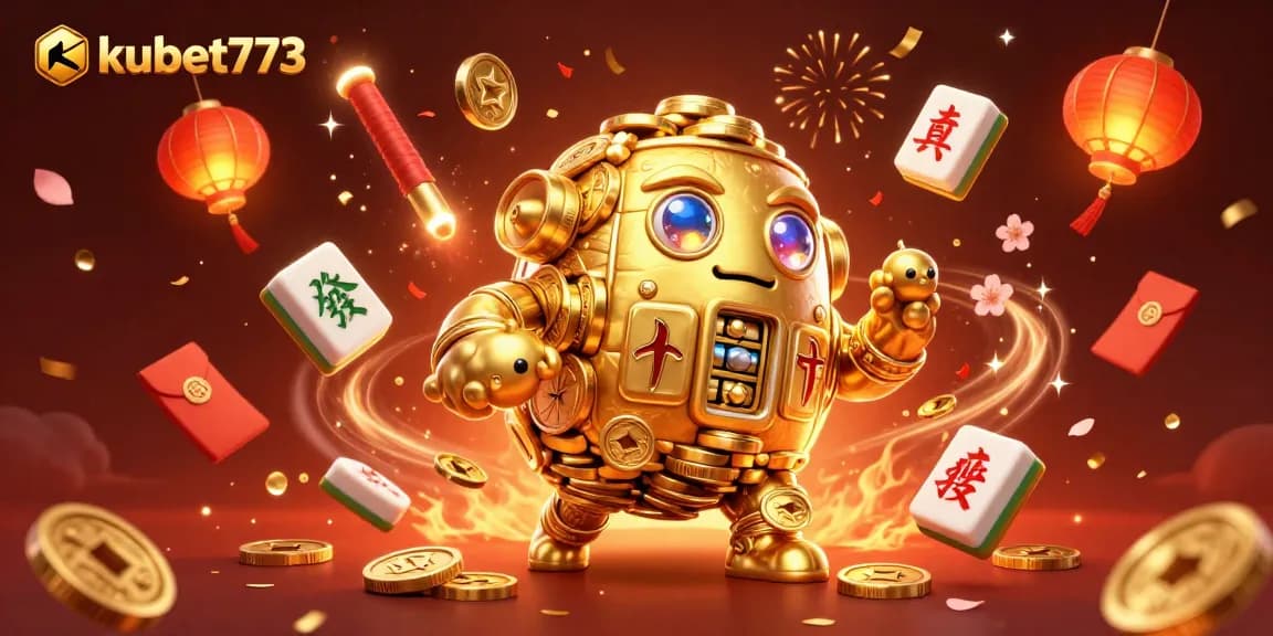 Spin the reels at kubet773 and watch as the golden golem dazzles with slot symbols amidst festive elements.
