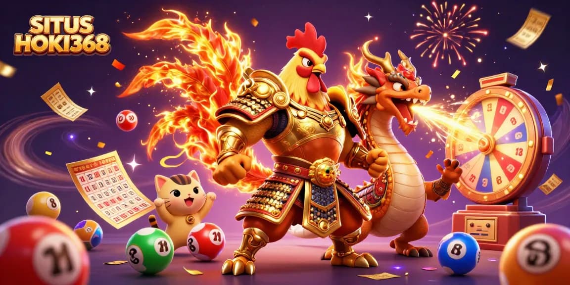 Engage with the excitement at SITUS HOKI368 featuring vibrant lottery and gaming elements in a dynamic casino scene.