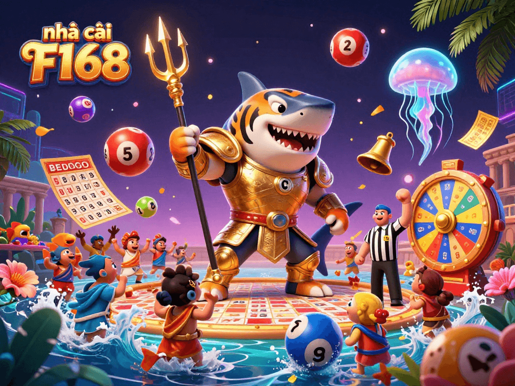 Experience the excitement of the casino atmosphere with nhà cái F168 featuring vibrant colorful lottery elements and engaging 3D characters.