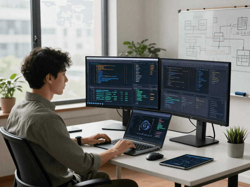 Professional AI developer programming crush ai algorithms in a modern workspace, showcasing advanced technology and inspiring atmosphere.