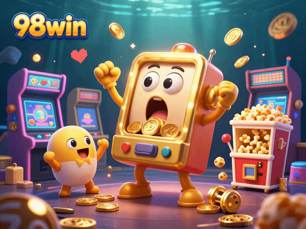 98win's dazzling gaming scene showcases a golden slot machine celebrating a jackpot amidst colorful arcade elements.