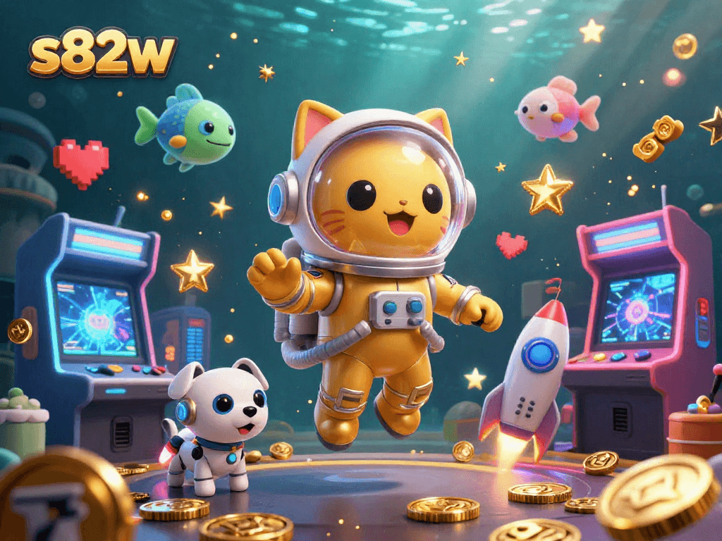 S82w showcases an animated casino-themed scene with a 3D astronaut cat and vibrant arcade elements