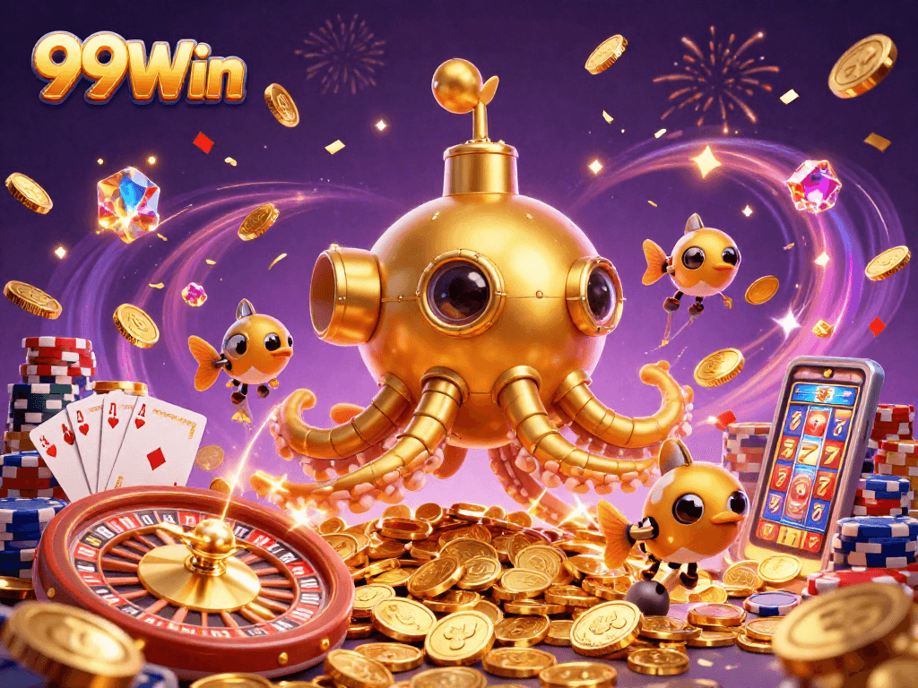 Experience thrilling wins at 99Win with an ultra-detailed 3D casino scene featuring golden treasures!