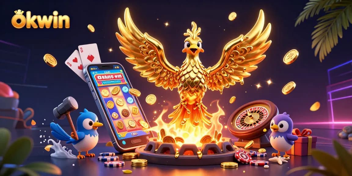 Experience the excitement of okwin with a golden phoenix emerging from a forge surrounded by vibrant gaming elements.