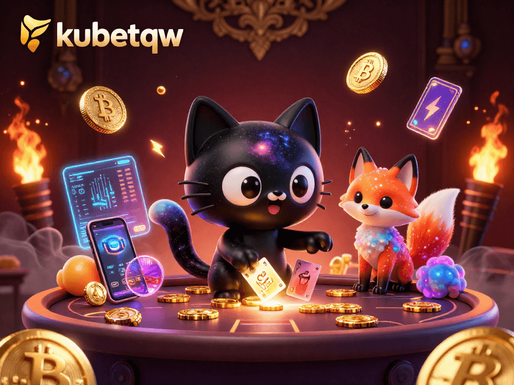 Engage with kubetqw to discover a vibrant cosmic casino scene featuring unique characters and crypto elements.