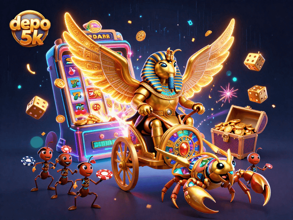 Experience the excitement of depo 5k with a vivid 3D scene of golden characters and slot machines bursting with coins.