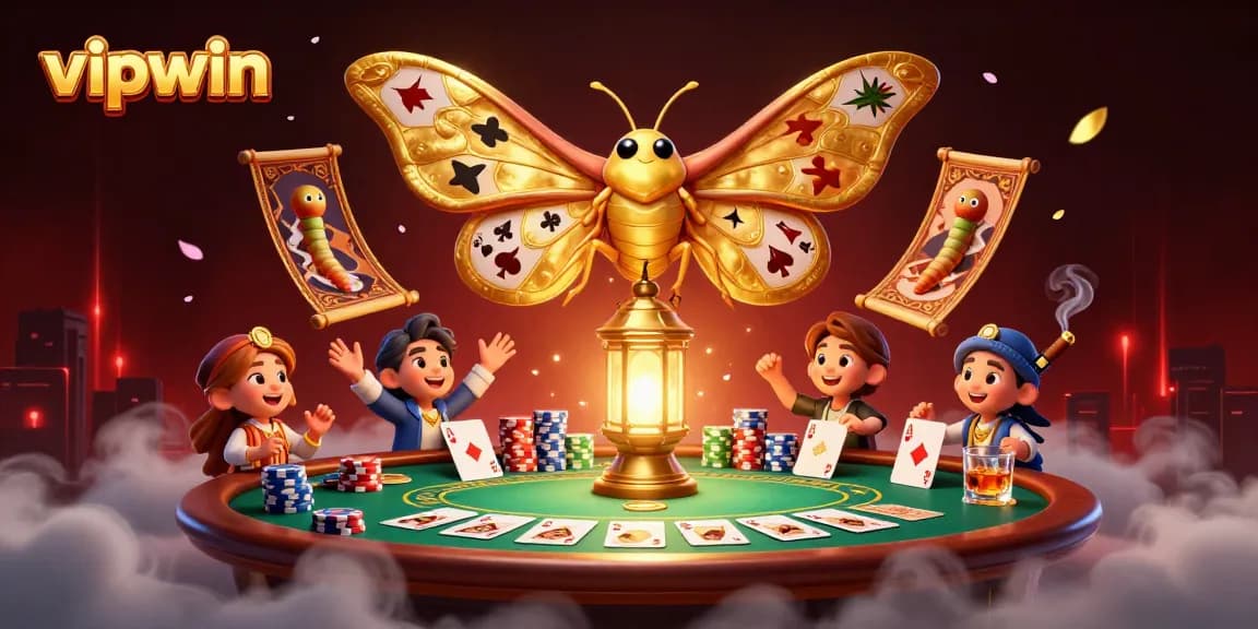 Experience thrilling wins at vipwin with a vibrant casino scene featuring a majestic butterfly and poker elements.
