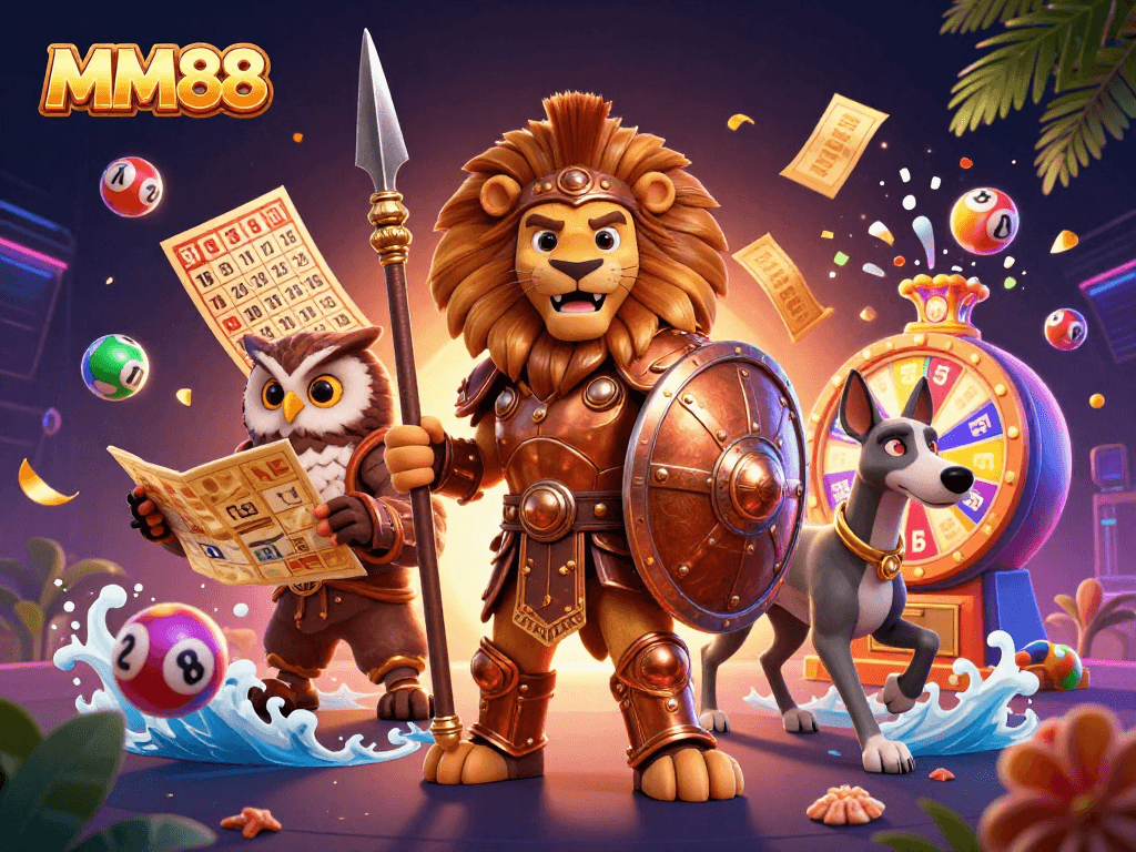 Experience thrilling games at MM88 as a Spartan lion leads the adventure in this vibrant casino scene.