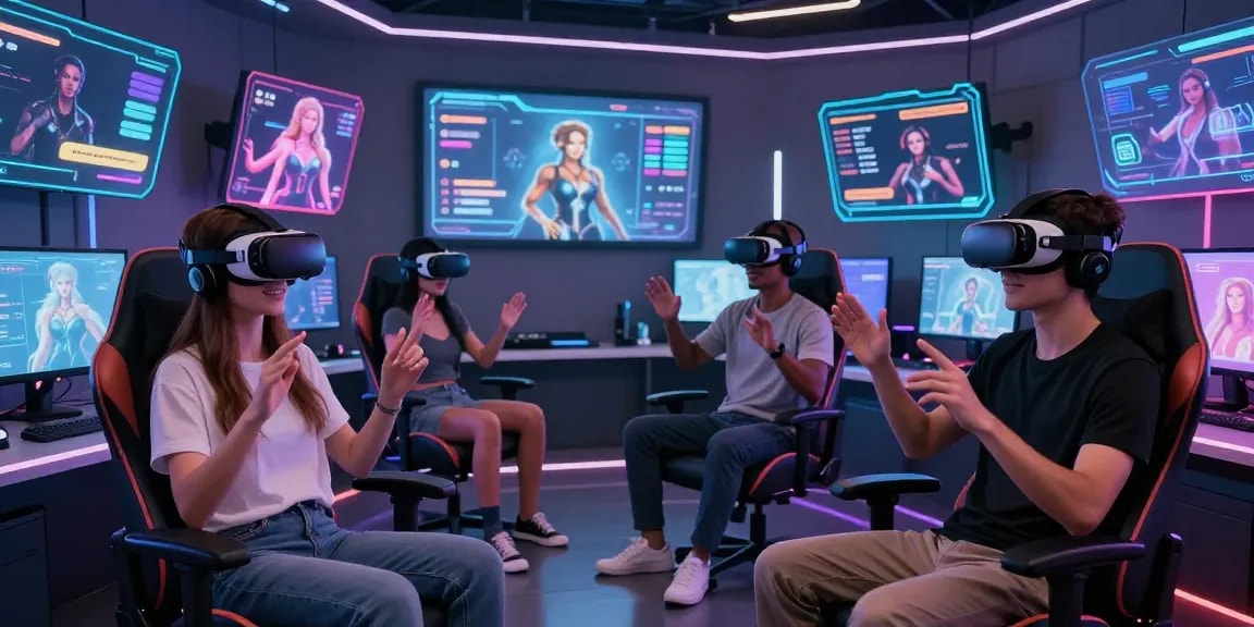 Users exploring engaging ai porn chat interactions with AI avatars in a futuristic VR environment.