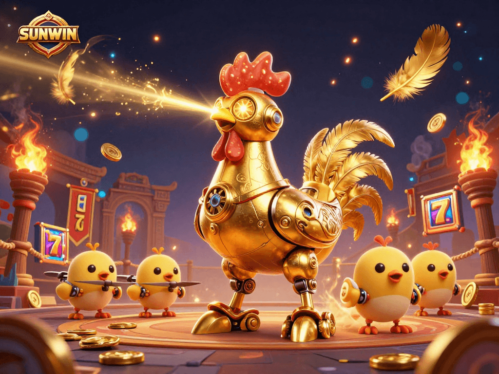 SUNWIN features a golden rooster robot in a vibrant fighting arena, showcasing gaming excitement and energy.