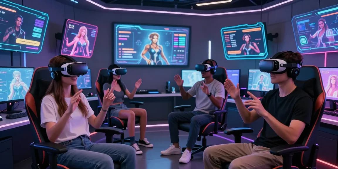 Users exploring engaging ai porn chat interactions with AI avatars in a futuristic VR environment.