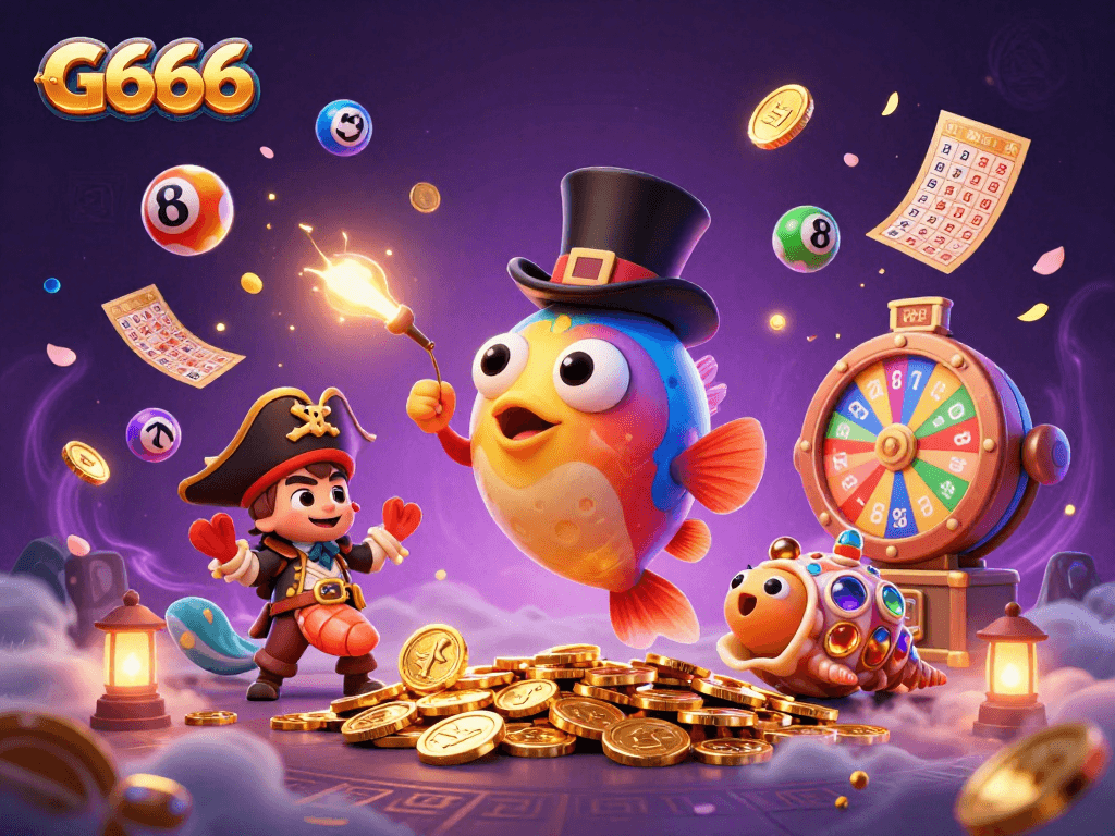 Experience the excitement of G666 with a vibrant, dynamic illustration featuring gambling elements and characters.