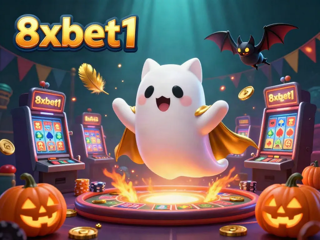 Experience thrill at 8xbet1 with a playful ghost cat and vampire bat in a vibrant casino scene.