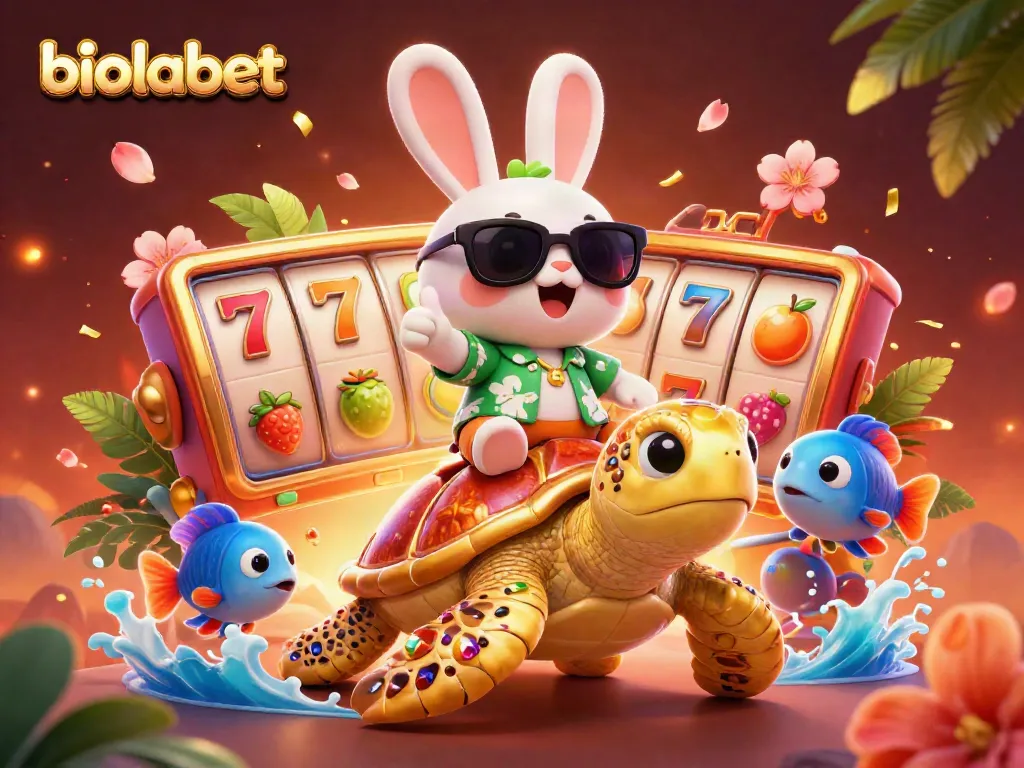 Experience the thrill of biolabet with a lucky rabbit and golden turtle in a vibrant casino backdrop.