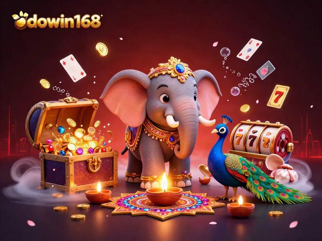 Engaging gameplay scene with indowin168 showcasing vibrant casino elements, including a Diwali-themed elephant and treasure.