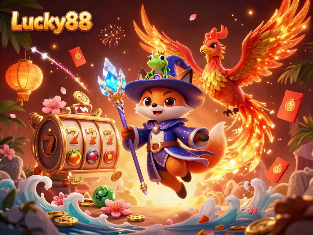 Experience thrilling gameplay with Lucky88 as a wizard fox conjures slots and celebration.