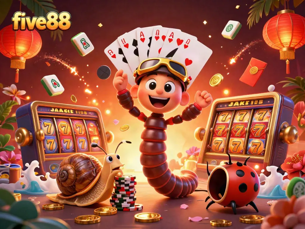 Experience the vibrant energy of five88 with its exciting slot games and dynamic characters in this immersive casino illustration.