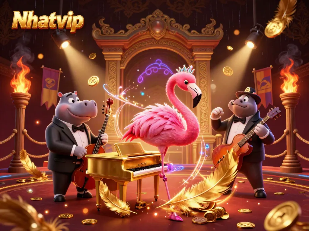 Experience the vibrant energy of Nhatvip with our lively casino scene featuring musical characters and dynamic game elements.