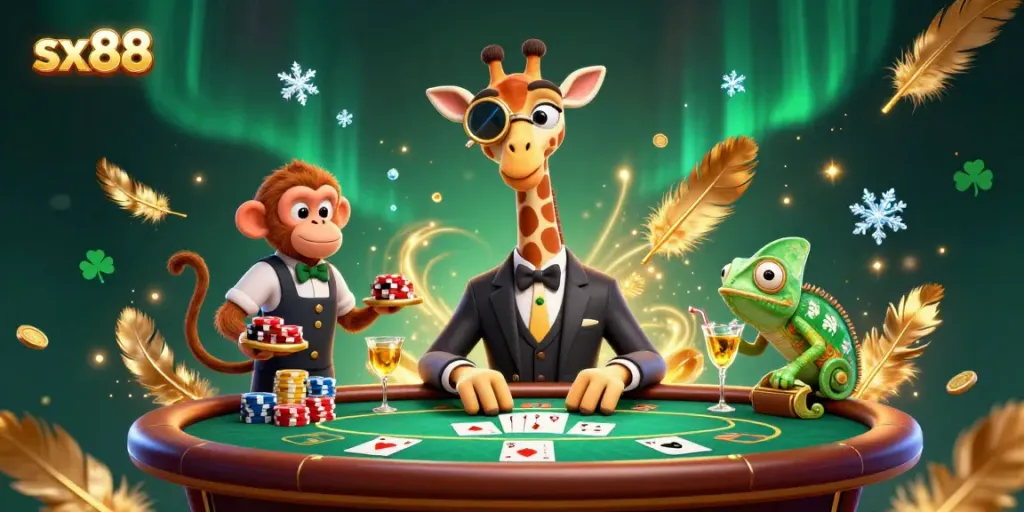 Join the excitement of sx 88 with a whimsical scene of high-roller gambling featuring unique cartoon characters.