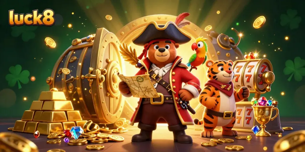 Experience thrilling wins with luck8, featuring a pirate bear and tiger amidst slot reels and treasure in 3D