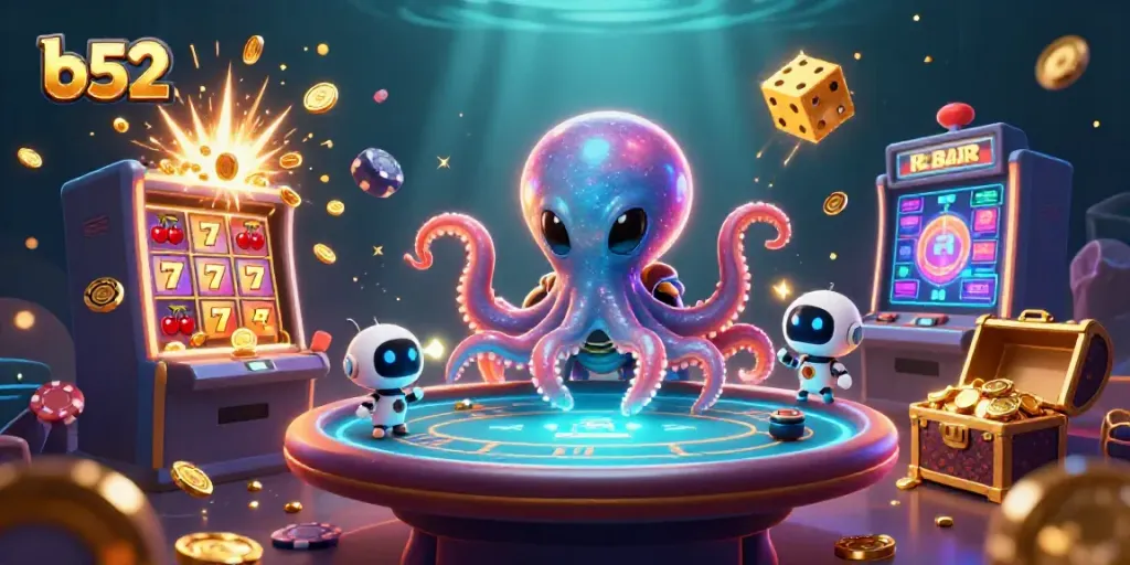 Win with b52 at a vibrant alien-themed casino featuring card games and slot machines.