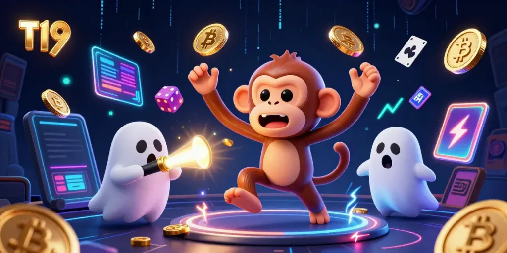 T19 showcases an online casino experience with a playful poltergeist monkey juggling gold while being pursued by a curious puppy in a haunted casino.