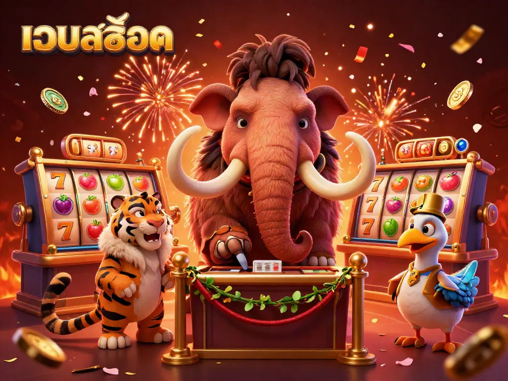 Experience the excitement of เว็บสล็อต where a woolly mammoth bouncer checks IDs as fireworks and slot reels burst with energy.