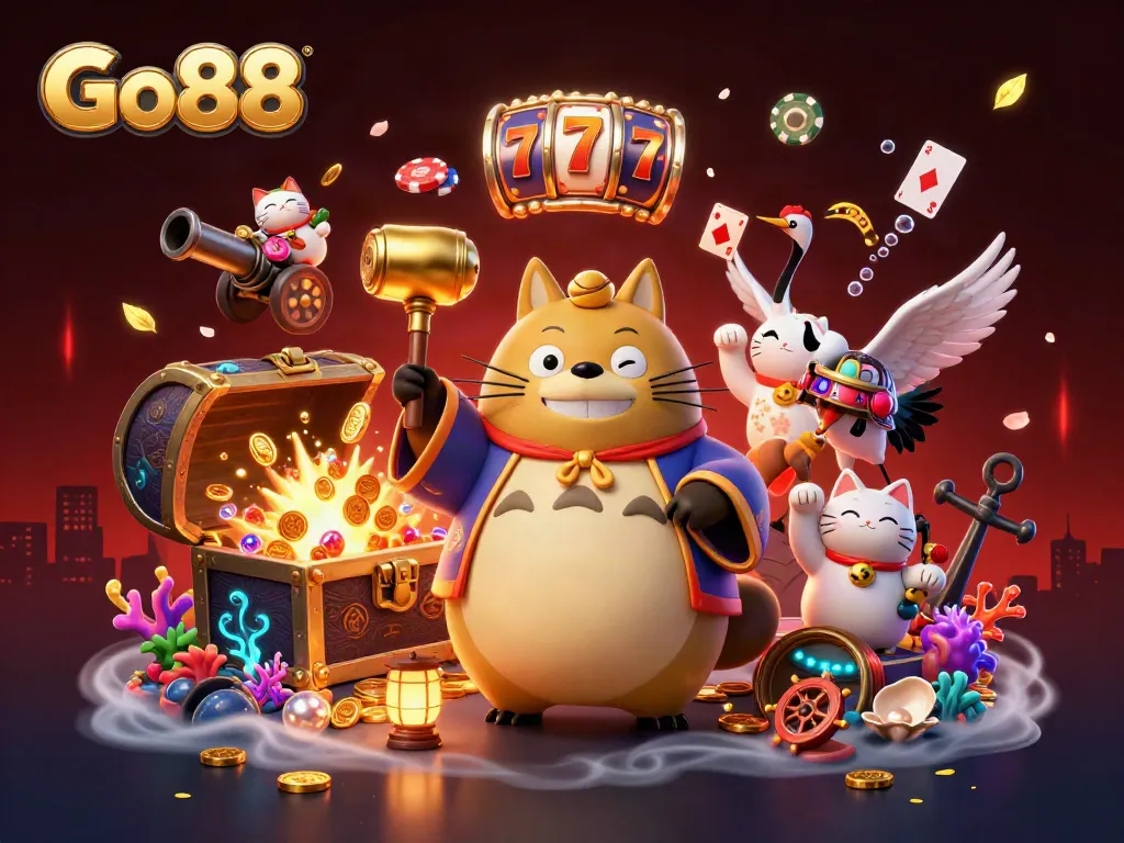 Experience thrilling gameplay with Go88 as charming characters celebrate in a vibrant, casino-themed illustration.
