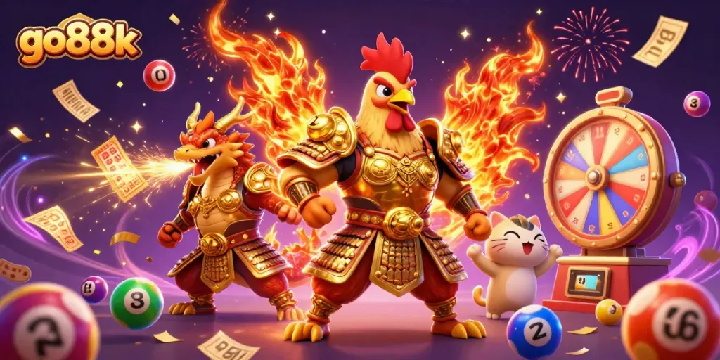 go88k casino illustration featuring a fighting rooster warrior with a dragon and fortune cat in a vibrant, dynamic scene