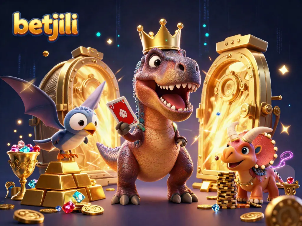 Win big with Betjili in this vibrant 3D illustration showcasing lively casino characters and golden treasures.