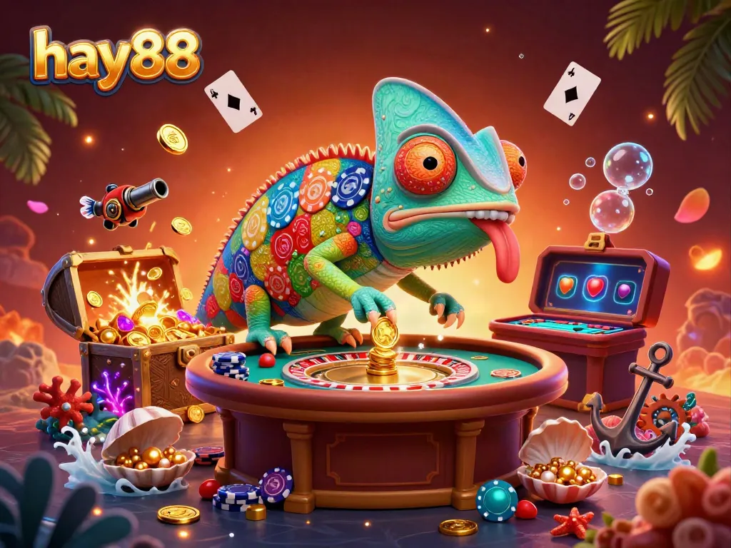 Engage in the vibrant world of hay88 with a colorful chameleon casino owner, surrounded by treasures and playful game elements.
