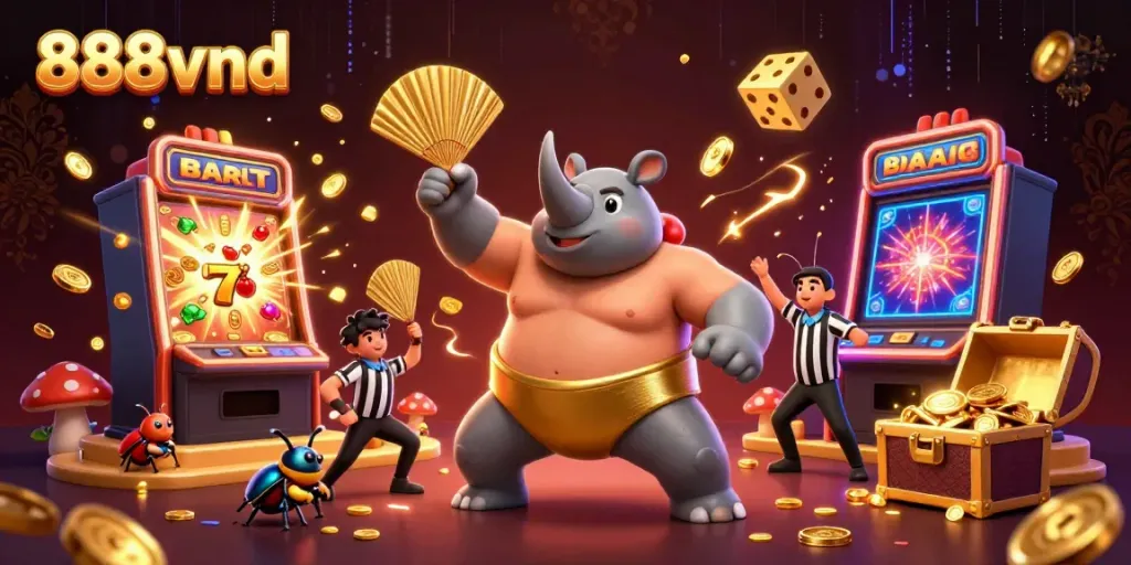 Experience the thrill of 888vnd with a 3D beetle sumo champion celebrating a jackpot explosion.