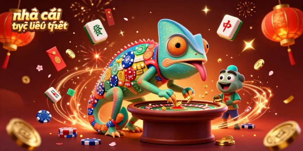 Engaging illustration showcasing the vibrant atmosphere of a nhà cái trực tuyến uy tín, featuring a colorful chameleon casino owner.