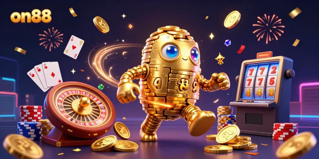 Spin and win with on88's golden golem character amidst a dazzling casino scene filled with coins and cards.