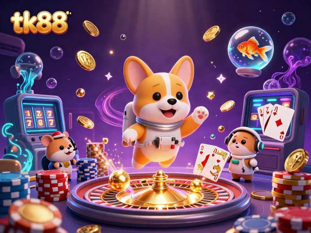 Engage with tk88 in a vibrant cosmic casino scene featuring an astronaut corgi and exciting gambling elements.