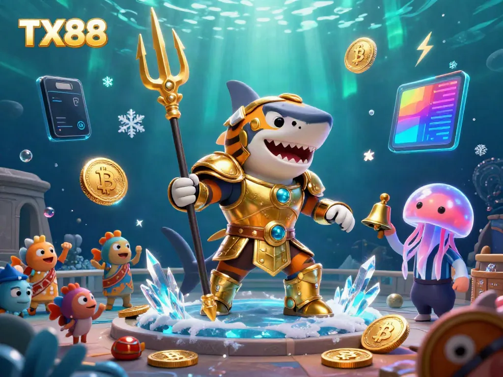Experience the excitement of TX88 with a 3D shark in gladiator armor in a vibrant underwater casino arena.
