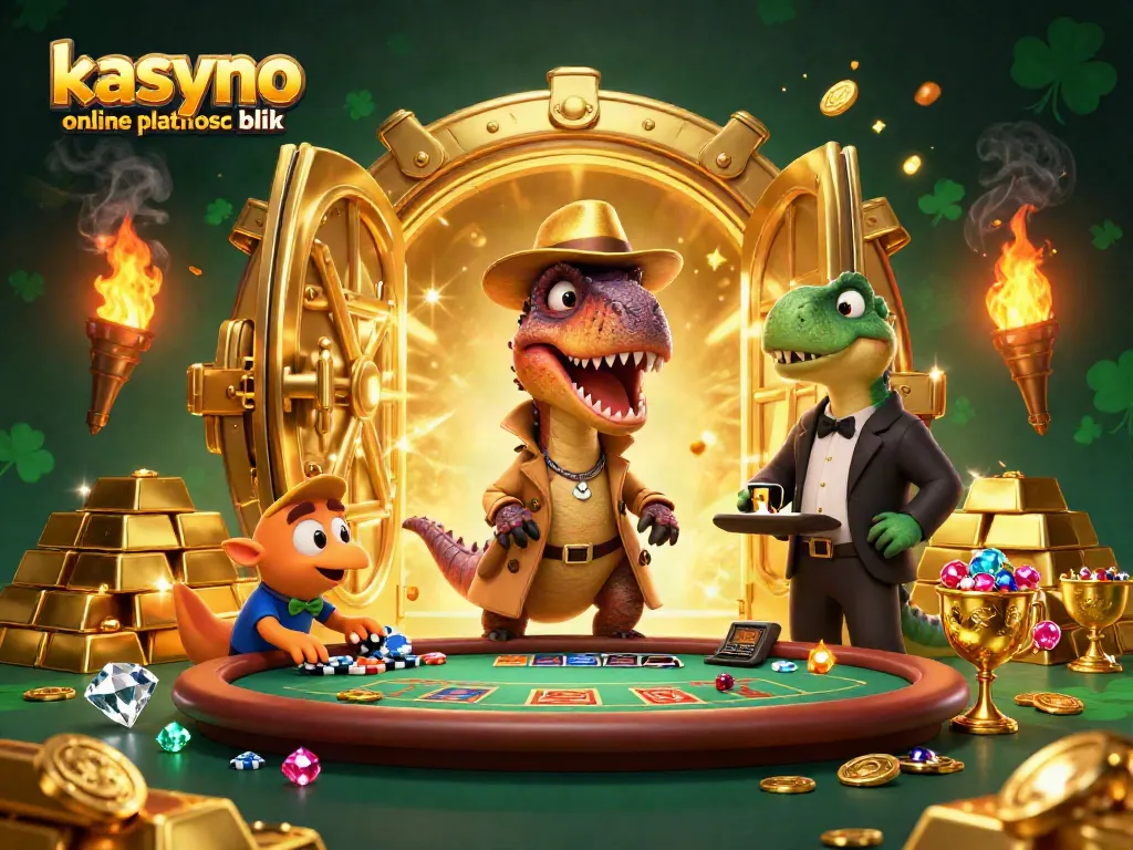 Engage with kasyno online platnosc blik featuring a cartoon velociraptor at a blackjack table amidst gold treasures.