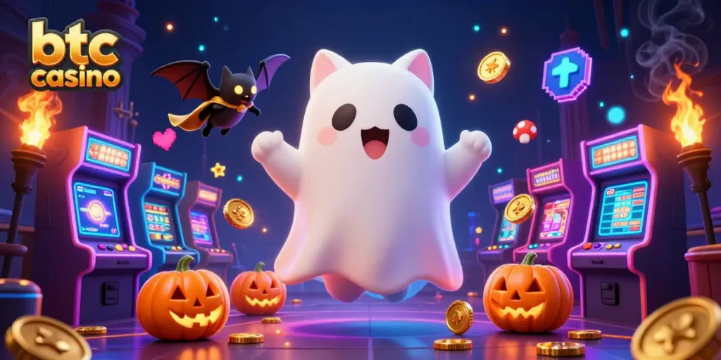 Engage in thrilling gameplay at the btc casino with glowing characters and vibrant slots.