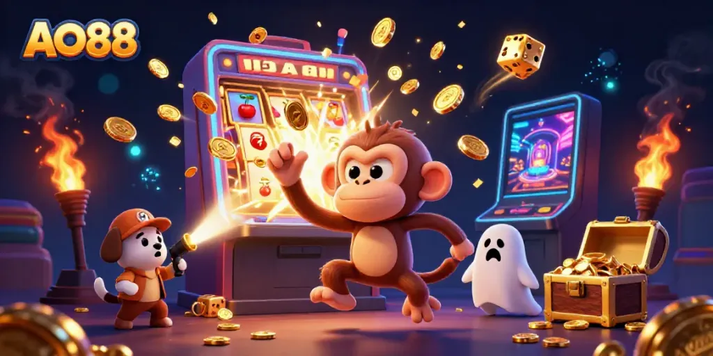 Watch the mischievous poltergeist monkey juggle golden goodies at the AO88 casino.