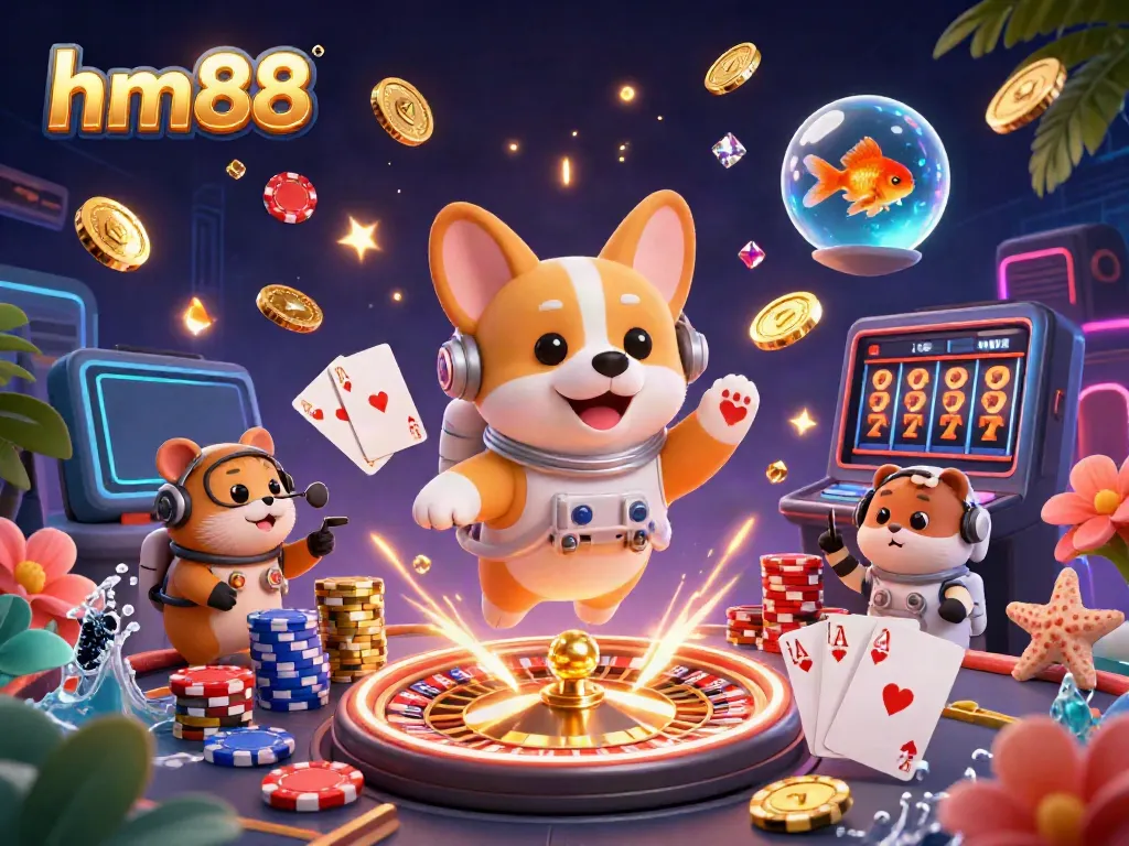 Experience exhilarating gaming at hm88 with a playful astronaut corgi, hamster, and goldfish in a vibrant casino scene.