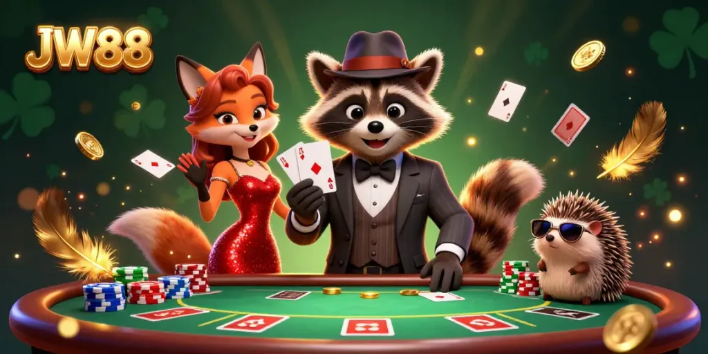 Engage with JW88's dynamic casino atmosphere filled with poker tables and vibrant action