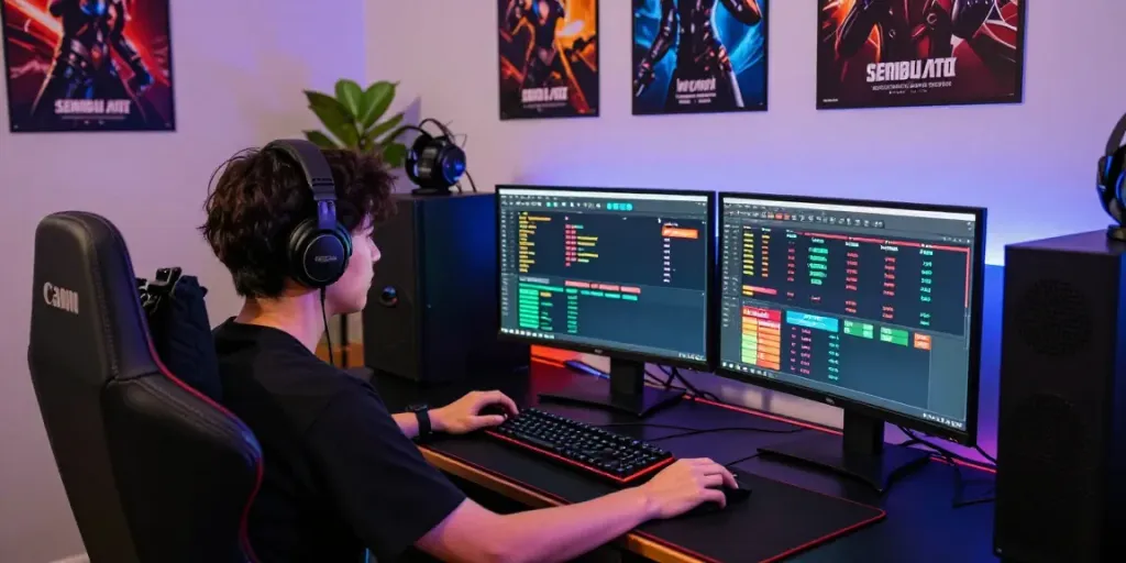 Focused gamer analyzing seributoto results on multiple monitors in a vibrant workspace