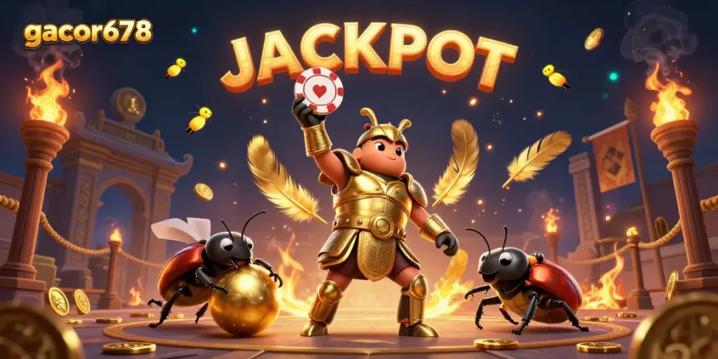 Experience excitement at gacor678 with a victorious hercules beetle lifting a poker chip.