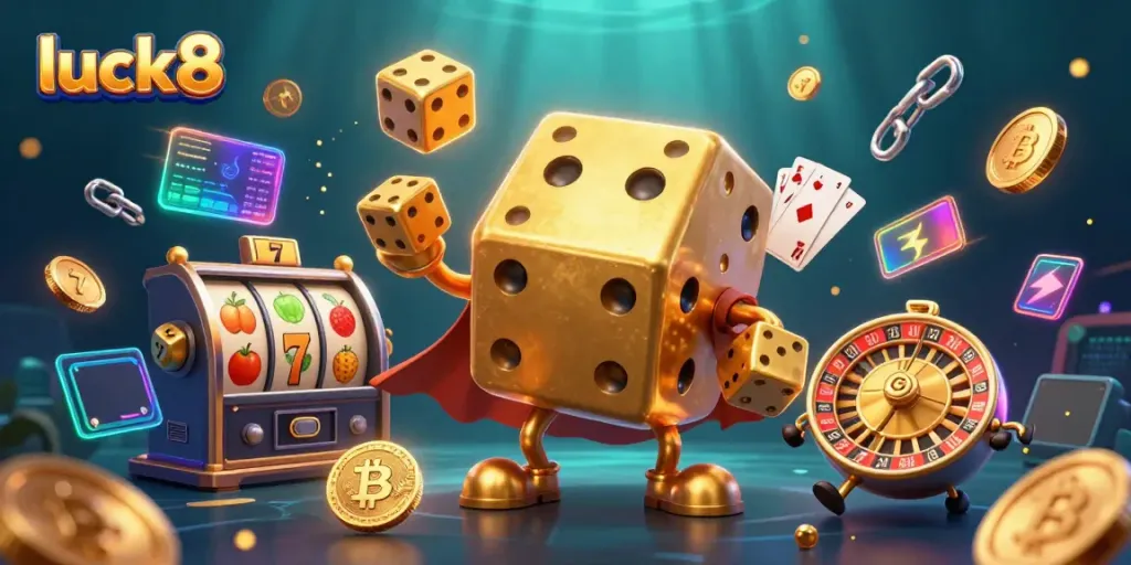 Experience luck8 with a vibrant 3D scene of a golden dice golem and rolling Bitcoin coins.